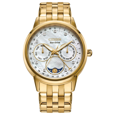 Shop Citizen Calendrier Moon Phase Diamond White Mother Of Pearl Dial Ladies Watch Fd0002-57d In Gold Tone / Mother Of Pearl / White
