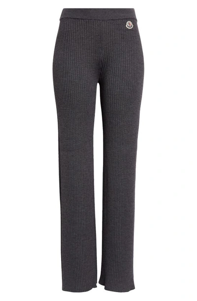 Shop Moncler Logo Patch Virgin Wool Blend Rib Sweater Pants In Dark Grey