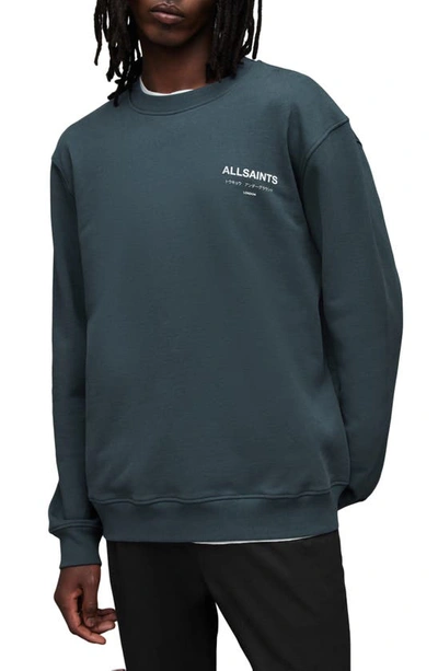 Shop Allsaints Underground Logo Organic Cotton Graphic Sweatshirt In Jade Blue