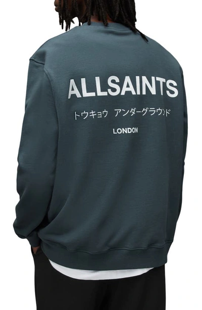 Shop Allsaints Underground Logo Organic Cotton Graphic Sweatshirt In Jade Blue