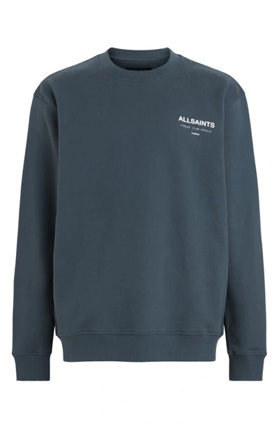 Shop Allsaints Underground Logo Organic Cotton Graphic Sweatshirt In Jade Blue