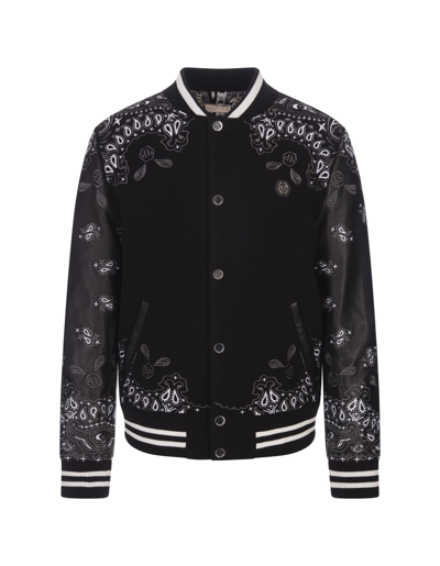 Shop Philipp Plein Foulard Paisley Bomber Jacket In Black Wool And Leather In Nero