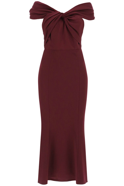 Shop Roland Mouret Stretch Cady Midi Dress With Twisted Detail In Maroon (purple)