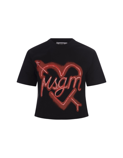 Shop Msgm Black Short T-shirt With Logo And Heart Print In Nero
