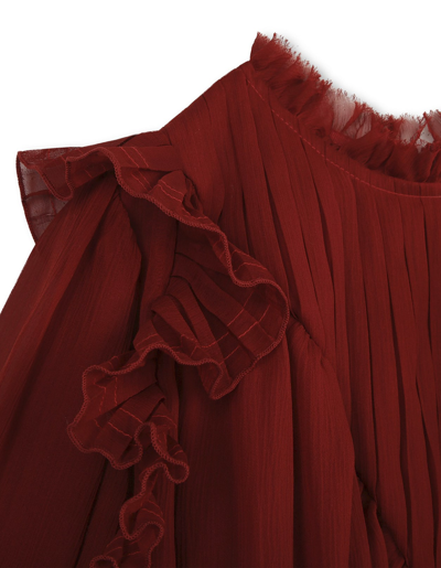 Shop Chloé Red Dress With Ruffles And Pleated Motif In Rosso