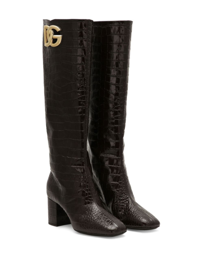 Shop Dolce & Gabbana 60mm Logo-plaque Leather Boots In Brown
