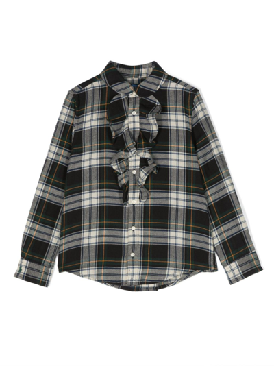 Shop Ralph Lauren Plaid-check Ruffled-detail Cotton Shirt In Green