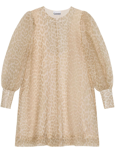 Shop Ganni Leopard-print Organza A-line Dress In Neutrals