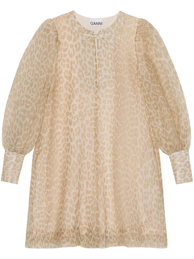 Ganni Leopard-print Organza A-line Dress In Neutrals