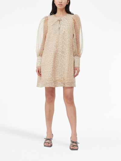 Shop Ganni Leopard-print Organza A-line Dress In Neutrals