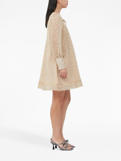 Ganni Leopard-print Organza A-line Dress In Neutrals