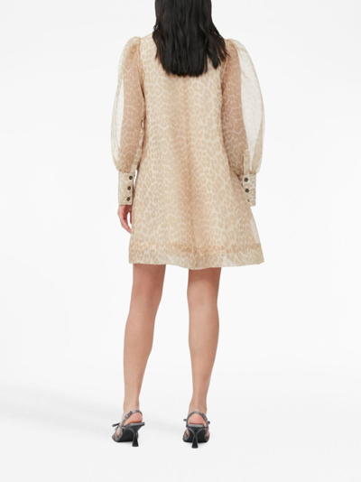 Ganni Leopard-print Organza A-line Dress In Neutrals