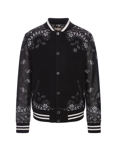 Shop Philipp Plein Foulard Paisley Bomber Jacket In Wool And Leather In Black