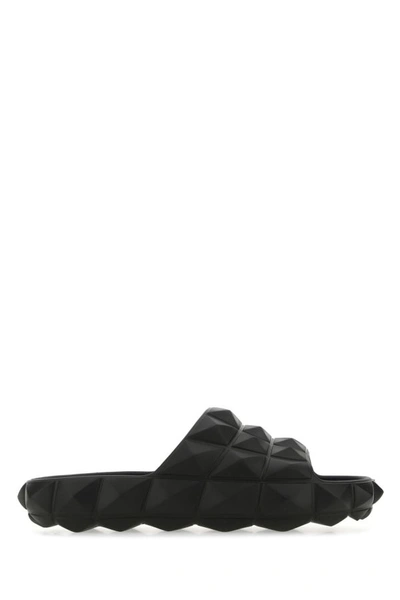 Shop Valentino Garavani Man Black Rubber Roman Stud Turtle Slippers