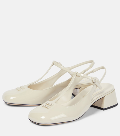 Shop Miu Miu Logo Patent Leather Slingback Pumps In White