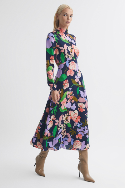 Shop Florere Floral Long Sleeve Midi Dress In Navy