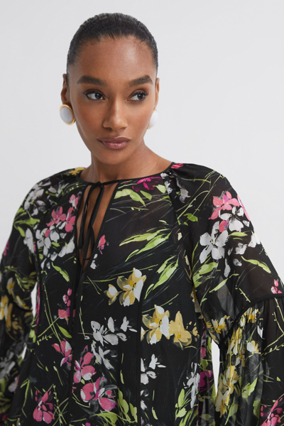 Shop Florere Sheer Floral Tie Neck Blouse In Black