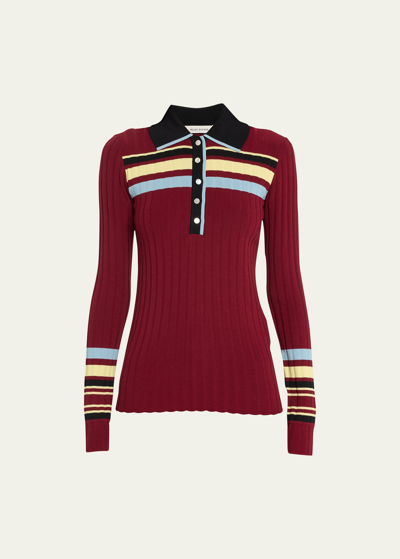 Shop Wales Bonner Wander Striped Rib Polo Top In Red Yellow And Bl