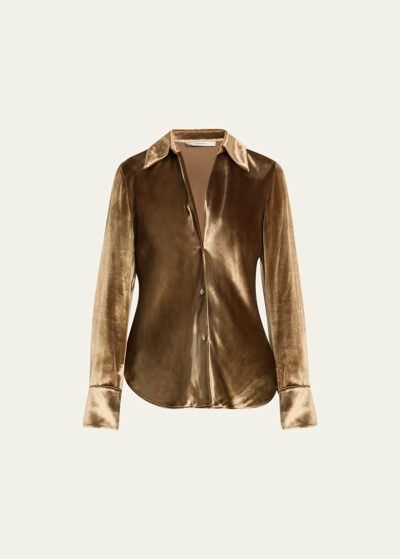 Shop Vince Bias-cut Long-sleeve Silk-blend Shirt In Gold Shadow