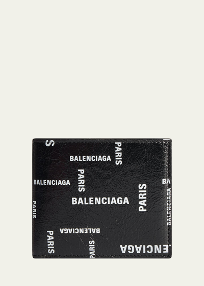 Shop Balenciaga Men's Bal Paris Allover Bifold Wallet In Black/l White