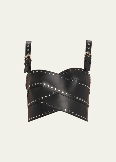 Shop Monse Leather Studded Bustier Top In Black