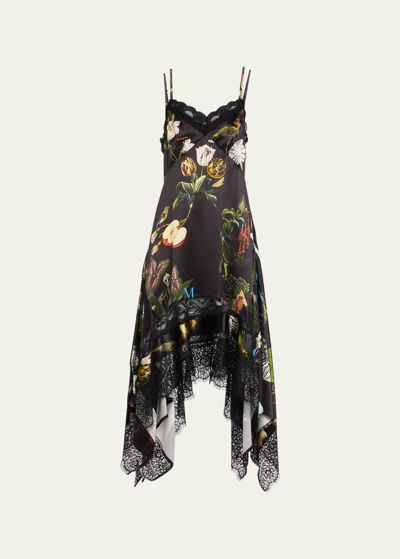Shop Monse Printed Lace-trim Midi Silk Slip Dress In Black Print