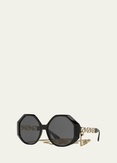 Shop Versace Greek Key Geometric Square Sunglasses W/ Detachable Chain In Black