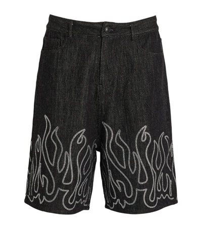 Shop Haculla Crystal-embellished Denim Flame Shorts In Black