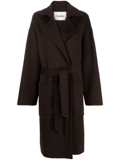 Shop Nanushka Belted Wool-blend Coat In Brown