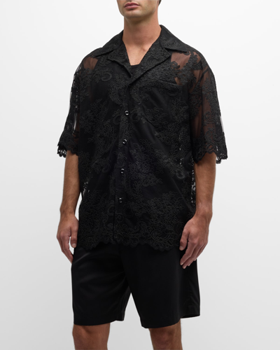 Shop Simone Rocha Men's Relaxed Corded Lace Camp Shirt In Black
