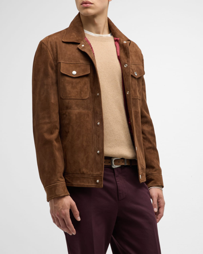 Shop Brunello Cucinelli Men's Classic Suede Trucker Jacket In Brown