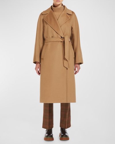 Shop Weekend Max Mara Double-breasted Topstitch Wool Wrap Coat In Camel