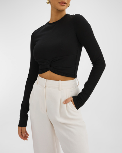 Shop Lamarque Ksenia Twisted Long-sleeve Crop Top In Black