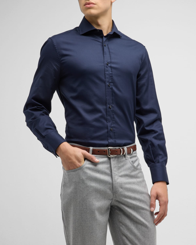 Shop Brunello Cucinelli Men's Cotton Twill Sport Shirt In Navy