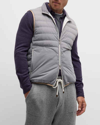 Shop Brunello Cucinelli Men's Quilted Down Zip-front Vest In Medium Grey