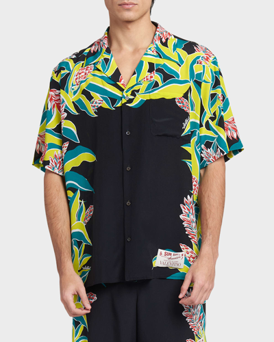 Shop Valentino Men's Sun Surf Volcano Placed-print Camp Shirt In Black/green