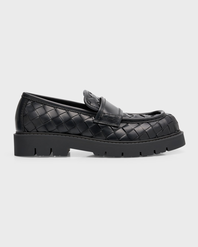 Shop Bottega Veneta Men's Haddock Intrecciato Leather Penny Loafers In Black