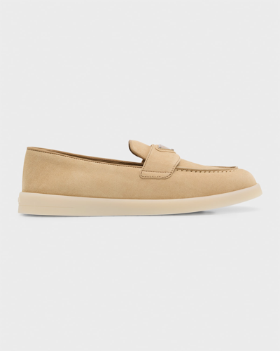 Shop Prada Suede Slip-on Casual Loafers In Ecru