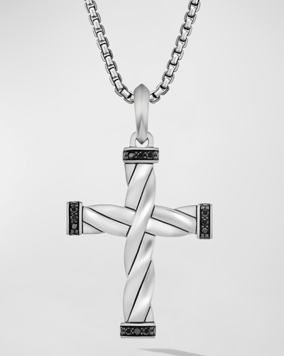 Shop David Yurman Men's Dy Helios Cross Pendant With Diamonds In Silver, 48mm In Black Diamond