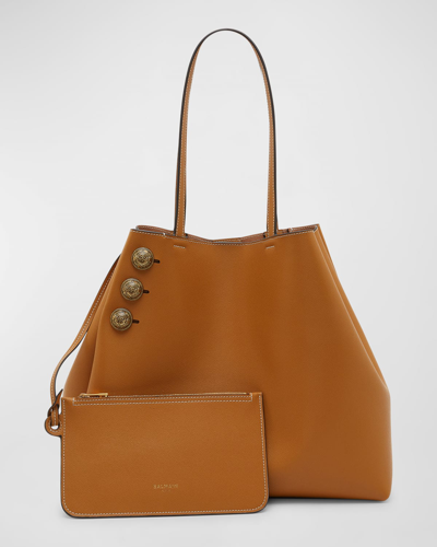 Shop Balmain Emblem Leather Shopping Tote Bag In 8aq Miel