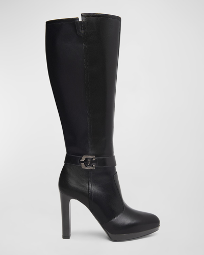 Shop Nerogiardini Logo Buckle Leather Knee Boots In Black