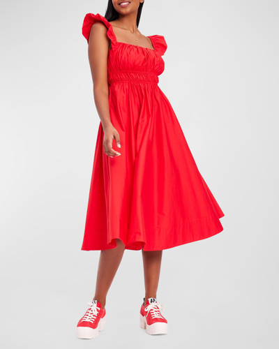 Shop Kate Spade Sleeveless Smocked Cotton Poplin Midi Dress In Engine Red