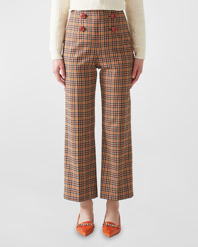 Shop Lk Bennett Polly High-rise Cropped Plaid Trousers In Marine Multi