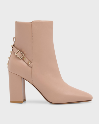 Shop Valentino Rockstud Lambskin Ankle Booties In Gf9 Rose Cannelle