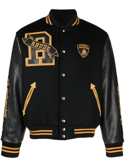 Shop Rhude X Lamborghini Varsity Jacket - Men's - Wool/calf Leather/nylon/lambskinpolyesterspandex/elastanepoly In Black