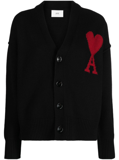 Shop Ami Alexandre Mattiussi Ami De Coeur Wool Cardigan In Black