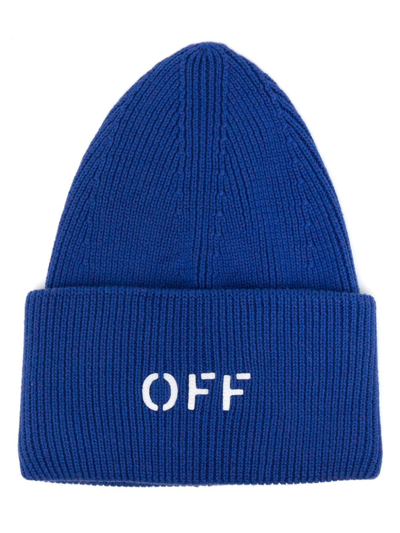 Shop Off-white Logo Cotton Blend Beanie In Blue