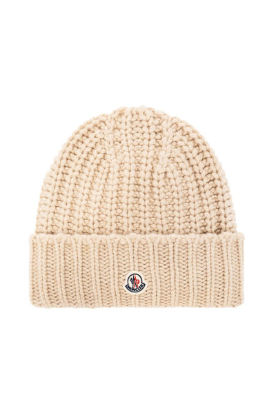 Shop Moncler Logo Patch Knitted Beanie In Beige