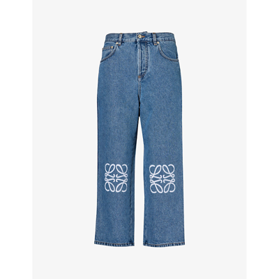 Shop Loewe Women's Mid Blue Denim Anagram Mid-rise Wide-leg Cropped Jeans