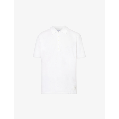 Shop Thom Browne Mens White Brand-stripe Pearlescent-button Cotton-jersey Polo Shirt